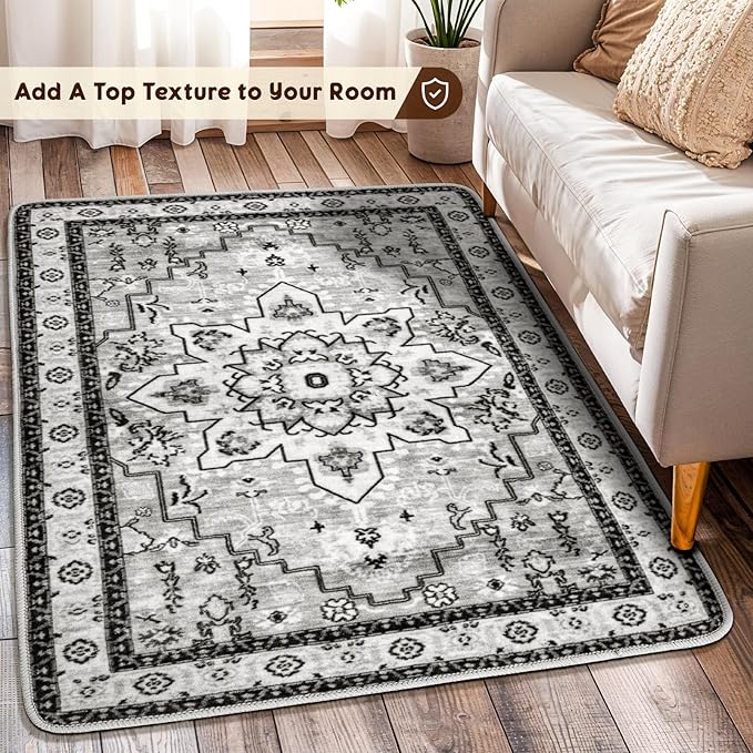 LBRO2M Rug for Entryway Indoor 2X3 Washable Rug Boho Design Door Carpet Throw Rugs for Kitchen Bathroom Non Slip Pet Friendly Area Rugs (2X3, Gray)