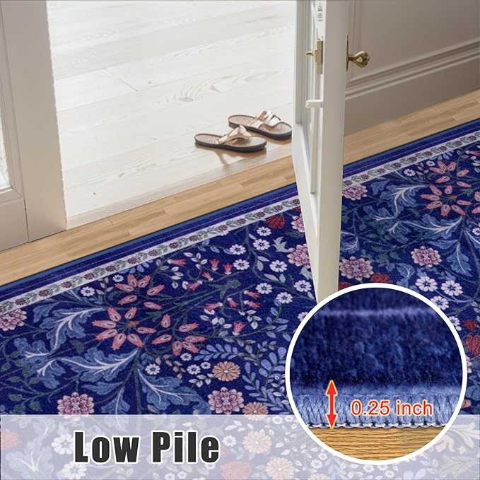 Runner Rug for Entryway: 2.6x8 Kitchen Rugs Non Slip Washable Ultra-Thin Soft Floral Carpet Indoor Floor Stain Resistant Carpets for Hallway Bedroom Kitchen Laundry Bathroom Dorm Blue
