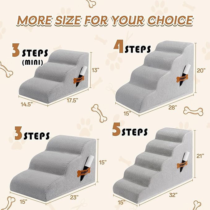 Romrol Dog Stairs Ramp for High Beds Couches, High Density Foam Pet Steps with Durable Non-Slip Waterproof Fabric Cover, Dog Stairs for Small Dogs or Cats or Pets, 3-Step,15 Inch,Light-Grey