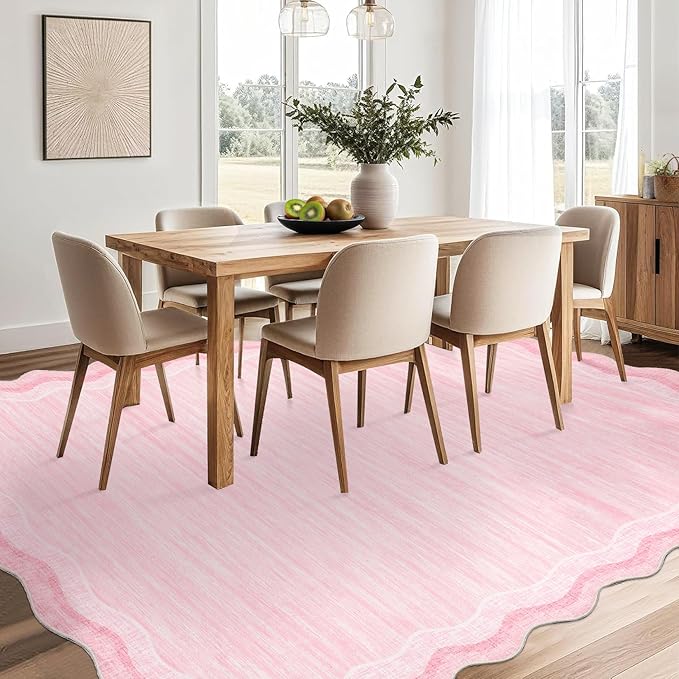 GarveeHome Washable Area Rug 9x12 Scalloped Rugs for Living Room 9x12 Large Scalloped Carpet, Non-Shedding Contemporary Easy Cleaning Mats, Solid Modern Pink Rug for Bedroom Dining Room Playroom