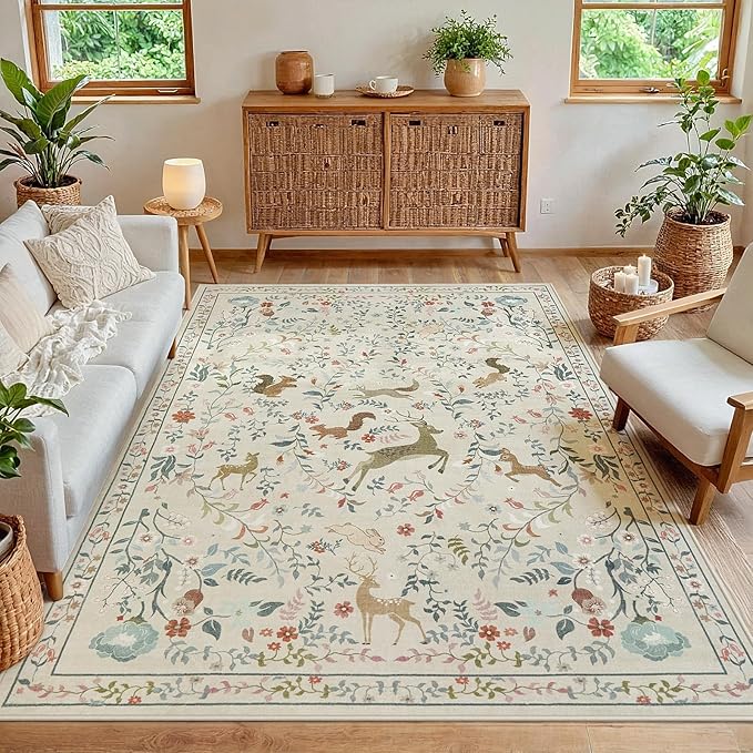 5x7 Area Rugs Washable Rug: Lagre Boho Living Room Rug Soft Non-Slip Thin Carpet Indoor Floor Non-Shedding Neutral Floral Carpets for Bedroom Dining Room Farmhouse Nursery Beige Animal