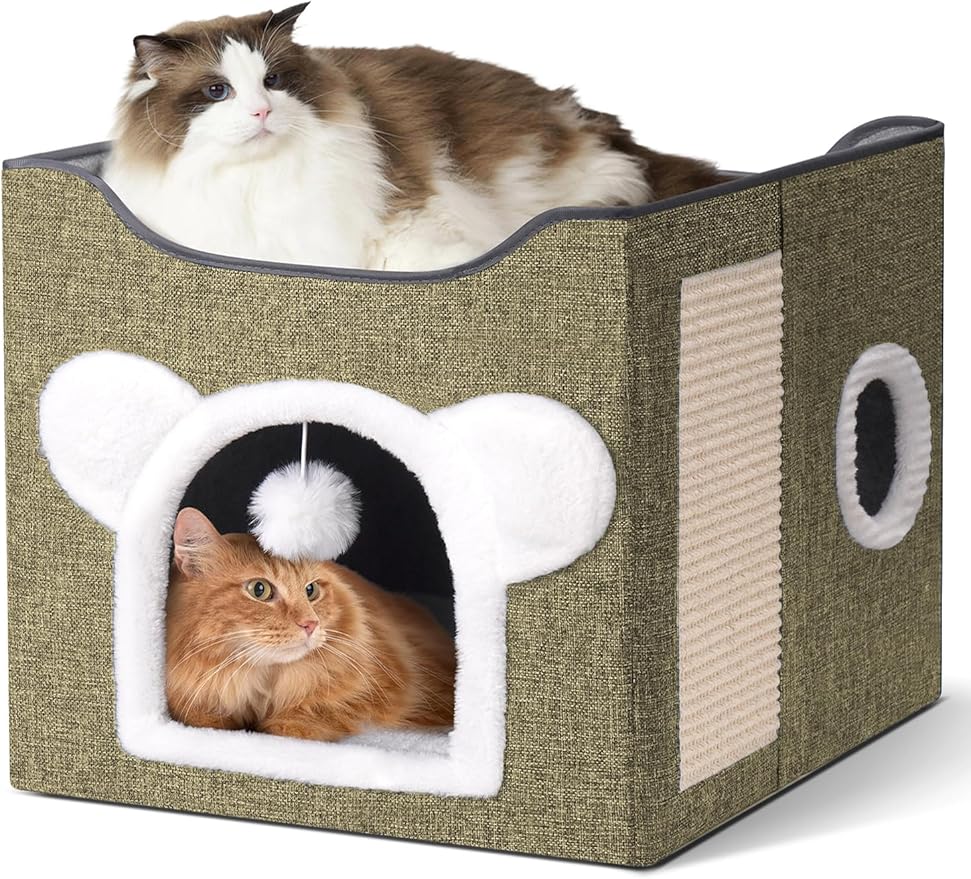 Cat Houses for Indoor Cats, Large Cat Cave with Fluffy Ball and Scratch Pad, Covered Cat Bed House, Foldable Cat Hideaway (Beige)
