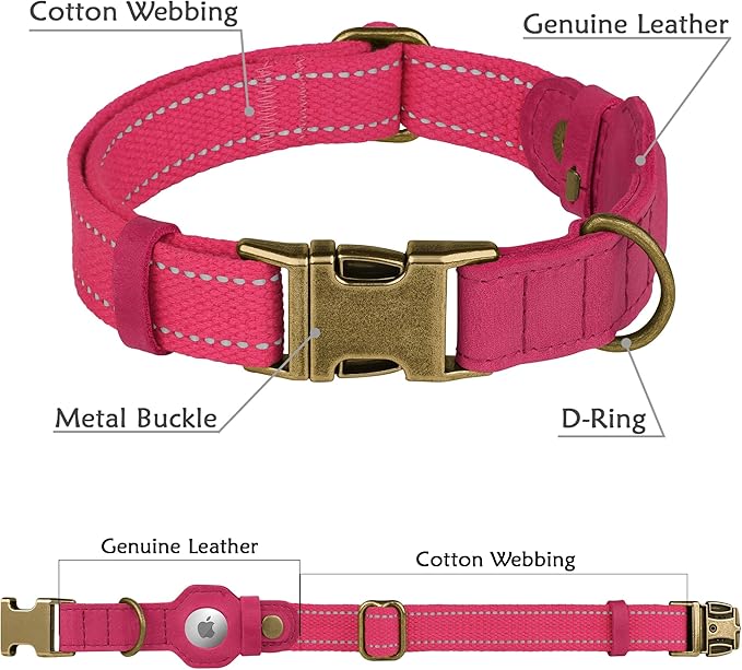 Reflective Leather Dog Collar with AirTag Holder - Soft Apple Airtag Dog Collar with Metal Buckle - Safety Cotton Pet Collars for Dogs Small Large Dogs Puppy (Pink, S, 12"-15")