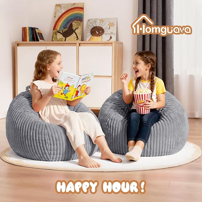 Homguava 2Pcs of 2FT Bean Bag Chair, 2' Small Bean Bags with Memory Foam Filled, Beanbag Chairs with Machine Washable Cover Dutch Corded Plush Cover for Classroom,Living Room,Bedroom-Grey