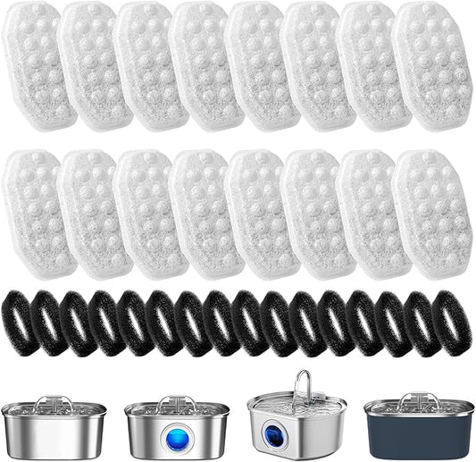 32 Pcs Cat Water Fountain Replacement Filters & Pre-Filter Sponges for Rellaty Neareal 108oz/3.2 Stainless Steel Pet Water Fountain Automatic Pet Fountain with Water Level Window