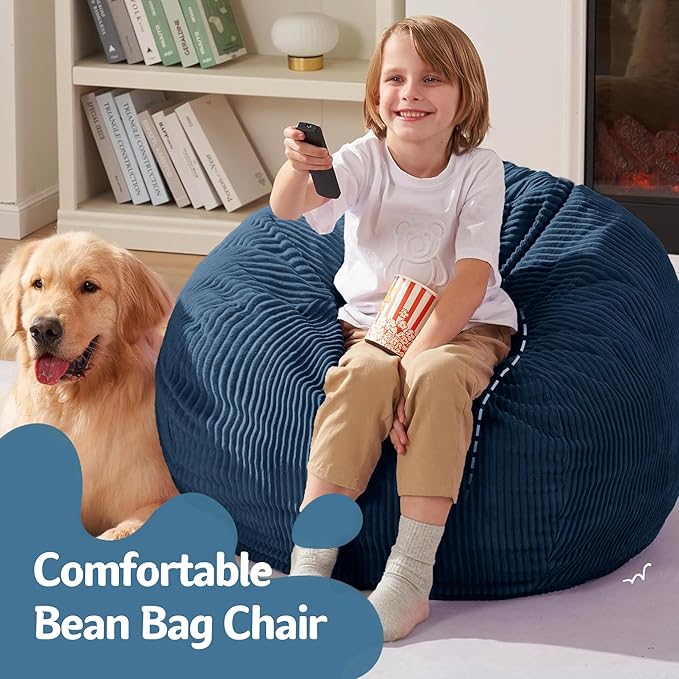 Homguava 2.5FT Bean Bag Chair,Teardrop Bean Bags Small Beanbag Chair with Memory Foam Filled and Ultra Soft Corduroy Cover for Living Room, Bedroom(Dark Blue)