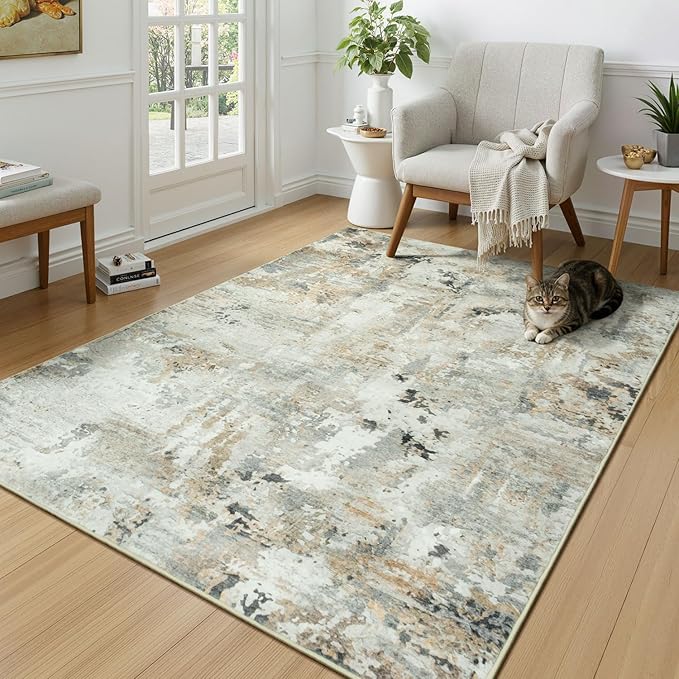 3x5 Rugs for Entryway Non-Slip Washable, Abstract Soft Area Rugs for Living Room, Neutral Indoor Soft Floor Carpet for Office Bedroom Kitchen, Brown/Grey