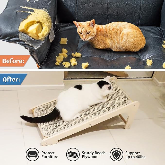 PETKARAY Cat Scratcher, Sisal Cat Scratching Ramp, L Shape Scratch Board for Indoor Kitty, 27" Wall Furniture Protector with Mouse Toy, Chevron