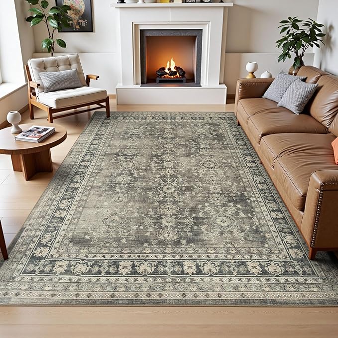 Lessymo 9x12 Area Rugs for Living Room, Machine Washable Non Slip Large Rug, Soft Low Pile Carpet for Bedroom Dining Office, Vintage Brown Distressed Floral Floor Decor