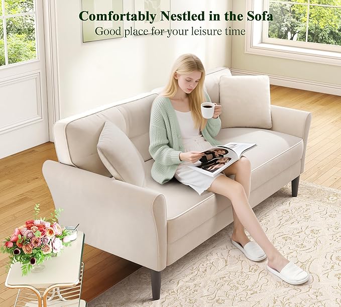 69" Loveseat Sofa, Velvet Small Couches for Small Spaces, Love Seat Couches with 2 Pillows, Tool-Free Setup Loveseats, 700lb Load Sofas for Living Room, Mini Couch for Bedroom, Comfy Sofa Couch, White
