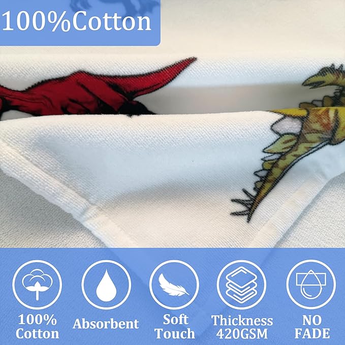 VOOVA & MOVAS Dinosaur Hooded Towels for Teens & Big Kids 8Years Up | Soft, Absorbent 100% Cotton Towel Wrap for Boys | Beach, Pool, Swim & Bath Cover-Up