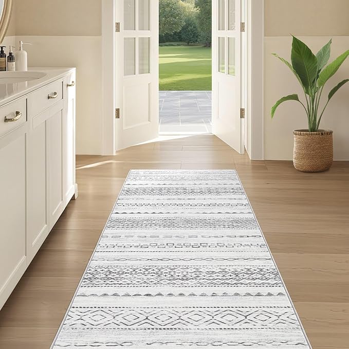 Nakagishi Runner Rug Kitchen Washable Rugs: 2x6 Non-Slip Boho Soft Modern Stain Resistant Indoor Floor Neutral Farmhouse Throw Carpet for Hallway Bathroom Laundry Room Entryway Bedroom- Grey