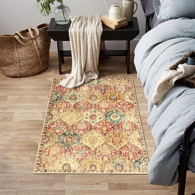 Lahome Moroccan Trellis Washable Rug, 2x3 Bathroom Rugs for Kitchen Entryway, Non-Slip Indoor Door Mat Ultra-Thin, Small Oriental Throw Carpet for Bedroom Entry, Red/Orange