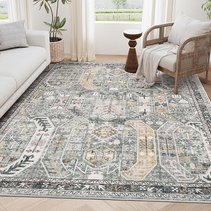 5x7 Area Rugs for Living Room,Stain Resistant Washable Rug,Non-Slip Backing Rugs for Bedroom,Kitchen,Printed Vintage Home Decor Rug (Green/Gold, 5'x7')