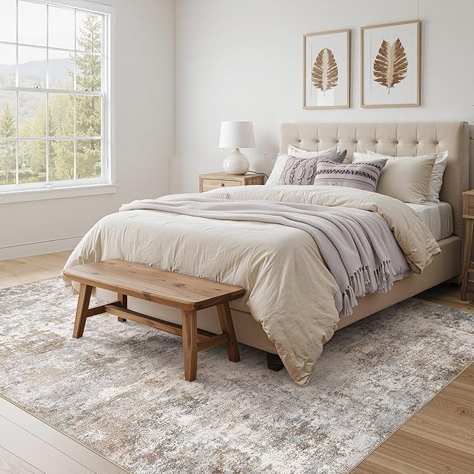 Square Area Rugs : Washable 8x8 Neutral Modern Abstract Carpet for Living Room Bedroom - Soft Floor Mat with Non Slip Backing for Kitchen Nursery Dorms Farmhouse Home Decor - Brown Grey