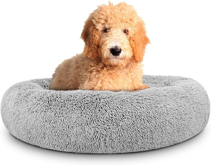 The Dog’s Bed Calming Plush Donut Dog Bed, Replaceable Zip Cover, Silver Grey Fur, Large