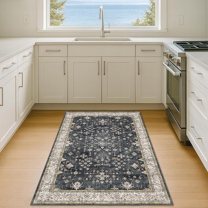 Black Boho Washable Entry Rug, 3x4 Rugs for Entryway Kitchen Bathroom Door Mat Indoor Entrance, Non Slip Rubber Backing, Stain & Fade Resistant, Ashen Charcoal Floral Design