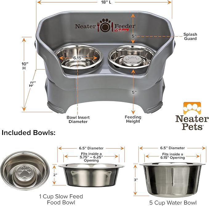 Neater Feeder Deluxe Mess Proof Dog Bowls Elevated for Medium Sized Breeds – Made in USA – No Spill Raised Slow Feeder Elevated Dog Bowl Stand, Stainless Steel Food and Water Bowl Set, Grey