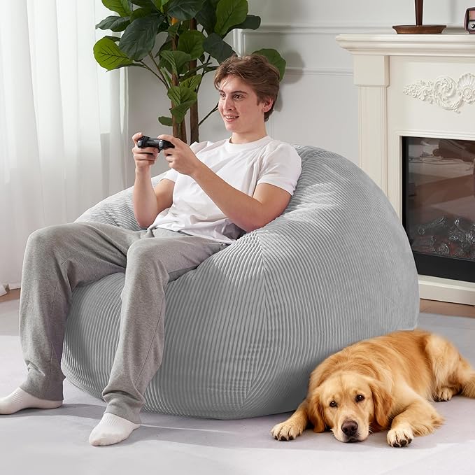 Homguava 4FT Bean Bag Chair for Adults,Teardrop Bean Bags Big Beanbag Chair with Memory Foam Filled and Ultra Soft Removable Corduroy Cover for Living Room, Bedroom (Light Grey)