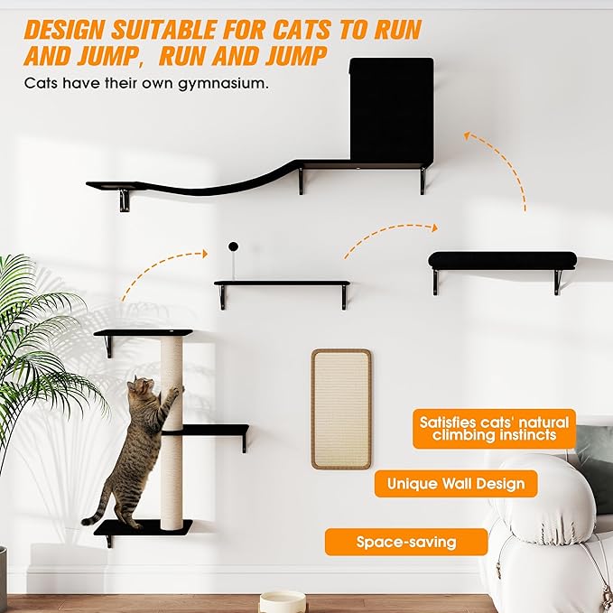 COZIWOW Cat Wall Shelves Set, 5-Piece Wall Mounted Cat Furniture with Cat Tree & Scratching Post, Floating Cat Perches for Indoor Cats（Grey）