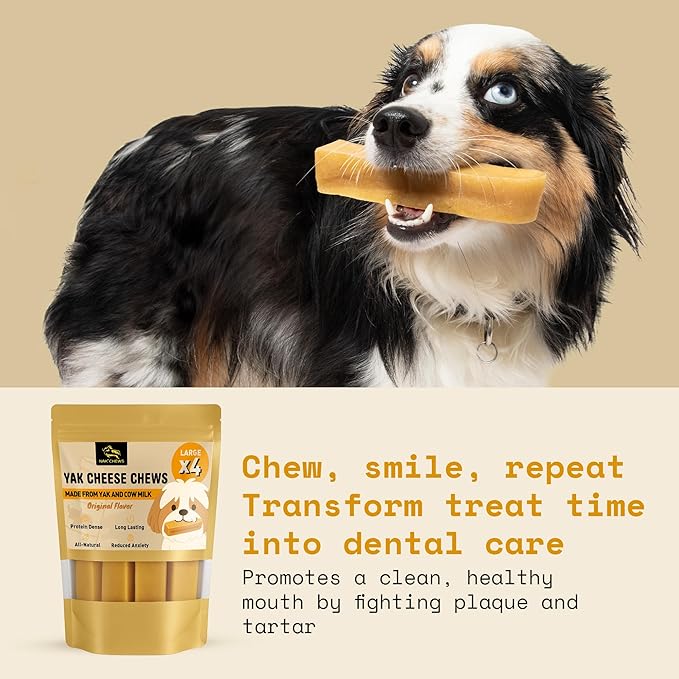 Himalayan Yak Cheese Dog Chews - Natural Healthy & Safe Treat for Large Dogs - Long Lasting Dental Chew Rich in Protein & Calcium - Gluten-Free Lactose-Free - 4 Chews for Large Dogs