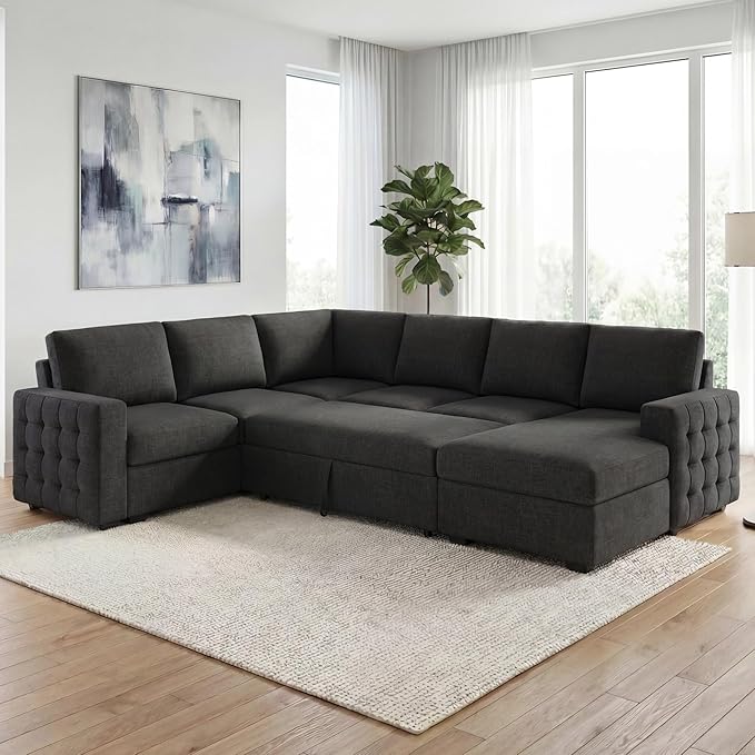 HONBAY Sectional Sleeper Sofa with Pull-Out Bed Storage Chaise,Modular Couch for Living Room, Dark Grey