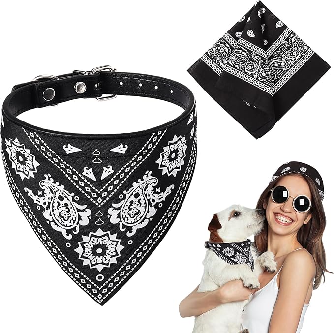 Cat Dog Bandana Collar & Owner Matching Paisley Pattern Bandana Women Headband Square Scarf Headwear Puppy Scarf for Small Dog Adjustable Cat Collar Triangle Neckerchief Handkerchief(Black)