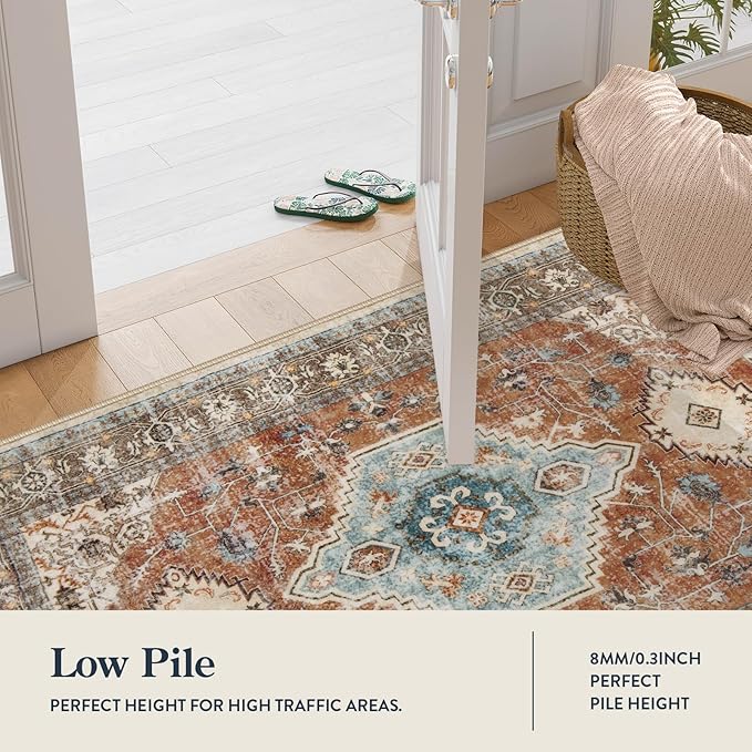 Lahome Oriental Hallway Runner Rug, 2.5x8 Kitchen Runner Non Slip Ultra-Thin, Soft Washable Hallway Rug Non Shedding Long Carpet for Entryway ?랰aundry Room Bathroom, Orange/Multi