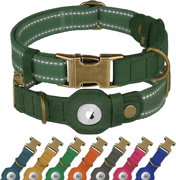 Reflective Leather Dog Collar with AirTag Holder - Soft Apple Airtag Dog Collar with Metal Buckle - Safety Cotton Pet Collars for Dogs Small Large Dogs Puppy (Hunter Green, M, 14"-18")