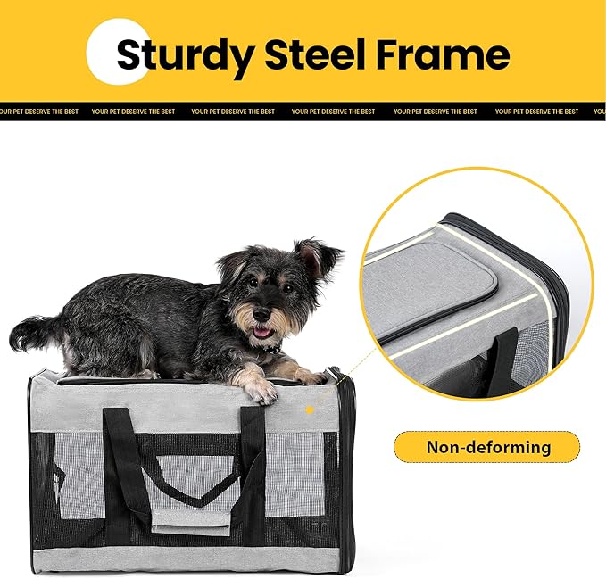 Cat Carrier Airline Approved, Soft-Sided Dog Carrier with Inner Safety Leash, Pet Transport Carrier for Small-Medium Cats Puppies up to 15 Lbs, Collapsible Travel Kitten Carrier Bag -Gray M