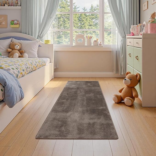 jinchan Solid Plush Runner Rug 2x5 Performance Shaggy Washable Hallway Rug Soft Modern Faux Wool Cozy Non Slip Carpet for Bedroom Laundry Room Living Room Kids Nursery Brown