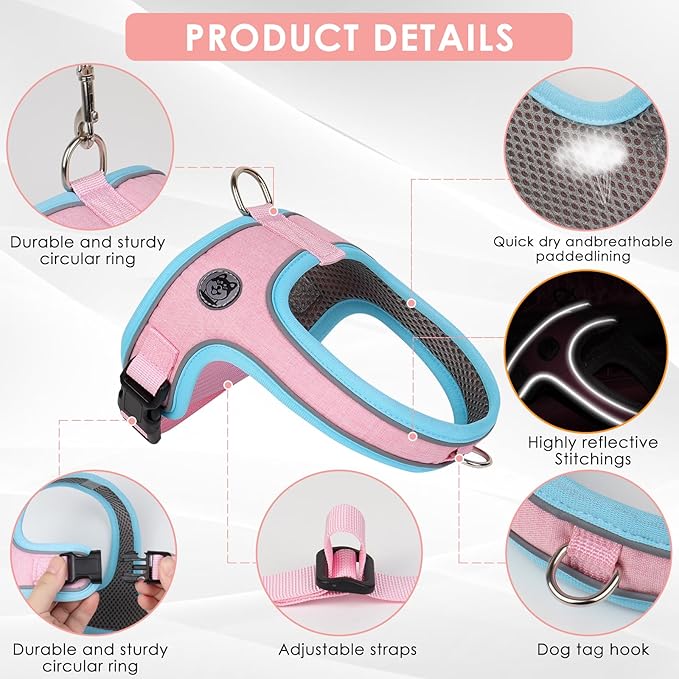 Dog Harness and Leash Set, No Pull Saddle Style Pet Harness, Breathable Mesh Adjustable Reflective Dog Vest for Dogs and Cat Medium Small Harness 2 D-Rings (Pink, S)