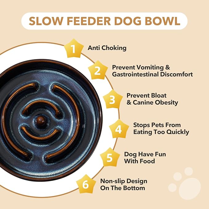 Ceramic 1.6 Cup Raised Slow Feeder Dog Bowl Set, Elevated 7.3inch Bowl and 8.2inch Dish with Acacia Wood Stand for Medium and Large Dog(2 x Starry Sky+ Stand)
