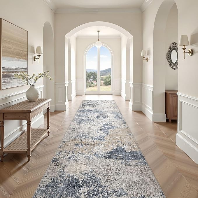 Hallway Washable Runner Rug: 3x12 Abstract Modern Soft Stain Resistant Non-Slip Backing Runner for for Entryway Kitchen Laundry - Blue Brown