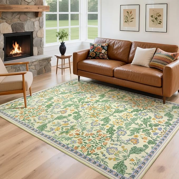 Floral Area Rug for Living Room: 5x7 Washable Soft Low Pile Thin Indoor Carpet, Non Slip Stain Resistant Vintage Flower Boho Accent Rugs for Bedroom, Dining, Home Office, Nursery - Ivory/Yellow