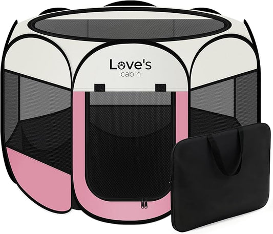 Love's cabin Pet Puppy Dog Playpen, Small Dog Tent Crates Cage Indoor/Outdoor, Portable Playpen for Cat, Foldable Pop Up Dog Kennel Playpen with Carring Case, Removable Zipper Top, Light Pink