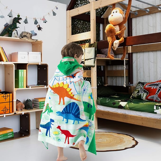 VOOVA & MOVAS Large Kids Hooded Towels | Soft Cotton (30X50 inches) Beach, Bath, Pool Towel with Hood | Summer Beach Stuff for Boys&GirlsAges 3-10 for Toddler,Jungle Dinosaur | Dino