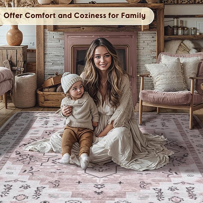 LBRO2M Boho Area Rug 8X10 Washable Rugs for Bedroom Low Piles Indoor Carpet, Non Slip Soft Rug for Living Room, Dining Room, Pink Rug Foldable Pet Friendly Area Rugs Stain Resistant (8'X10' Pink)