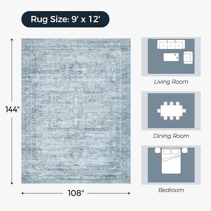 9x12 Area Rug for Living Room Bedroom Dining Room, Large Washable Soft Faux Wool Carpets, Neutral Retro Aesthetic Non-Skid Stain Resistant Blue Rugs for Kids Room