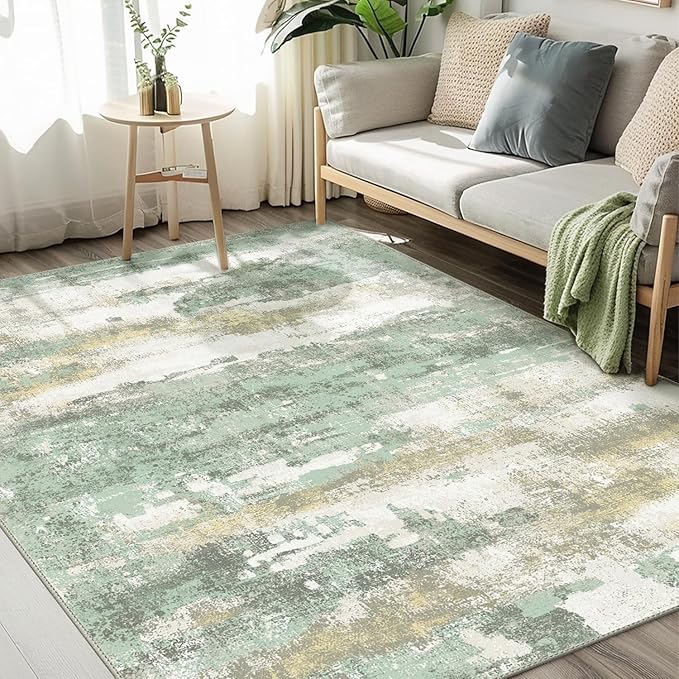 Area Rugs 7'6"x9'6" for Living Room Bedroom, Modern Abstract Machine Washable Large Light Green Rug Soft Rug, Low Pile Floor Carpet with Non Slip Backing for Dining Room