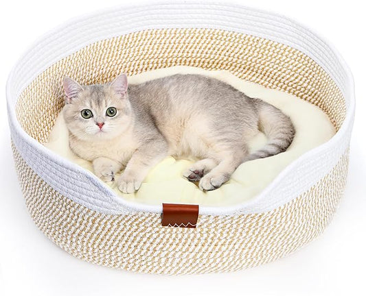 Cat Basket with Cushion, 20 Inch Cotton Rope Pet Sleeping Bed, Versatile Cozy Kitten Nesting Basket Dog Toy Organizer for Medium Large Pet, All Season Universal