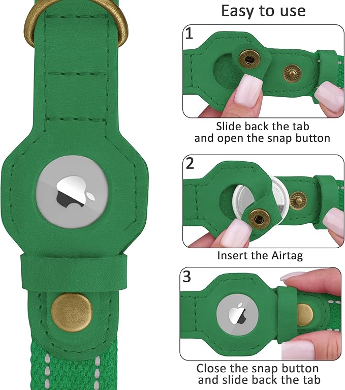 Reflective Leather Dog Collar with AirTag Holder - Soft Apple Airtag Dog Collar with Metal Buckle - Safety Cotton Pet Collars for Dogs Small Large Dogs Puppy (Green, L, 17"-21")