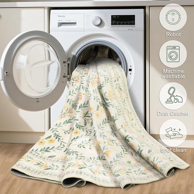 10x12 Area Rugs for Living Room: Floral Washable Rug Vintage Large Soft Boho Non-Slip Carpet Stain Resistant Low Pile Carpets for Bedroom Dining Room Farmhouse Nursery Hallway Home Office Beige/Multi