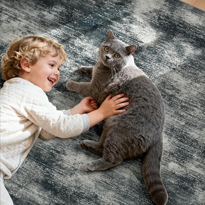 Joydeco 5x7 Area Rugs for Living Room, Non-Slip Modern Abstract Soft Washable Rug, Low Pile Carpet for Bedroom, Dining Room, Home Office, Pet & Child Friendly, Light Gray & White & Dark Gray