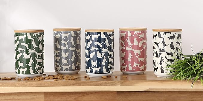 Bone Dry Ceramic Treat Jar for Cats and Dogs, Bamboo Lid, Dishwasher Safe Canister, 4x6.5, Black/White, Cat Treats (Pack of 6)