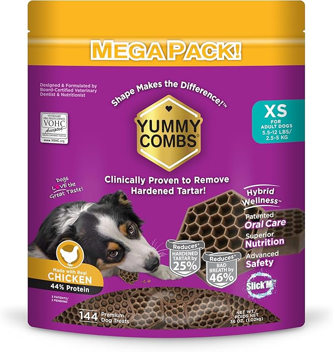 Yummy Combs Dog Dental Treats – Vet VOHC Approved – Delicious Chicken Protein – Removes Tartar with Cleaning Comb Shape – Dental Dog Treats for Extra Small Dogs (36oz, 144 Count)