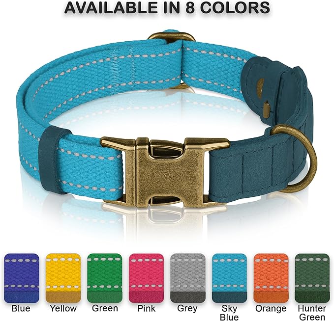 Reflective Leather Dog Collar with AirTag Holder - Soft Apple Airtag Dog Collar with Metal Buckle - Safety Cotton Pet Collars for Dogs Small Large Dogs Puppy (Sky Blue, M, 14"-18")