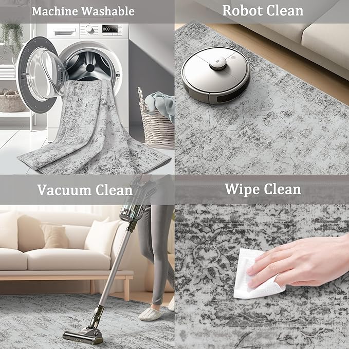 9x12 Area Rug Living Room Rugs - Washable Rug Large Modern Abstract Soft Thin Carpets Indoor Floor No Slip Vintage Carpet for Bedroom Under Dining Table Nursery Home Office Decor Gray