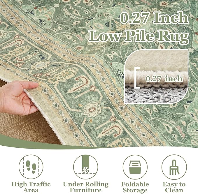 Sage Green Rugs 8x10, Washable Non Slip Area Rug for Living Room Bedroom Dining Room, Boho Floral Moroccan Pattern Printed Carpet Rug Low Pile Thin for Nursery Playroom Kids Room