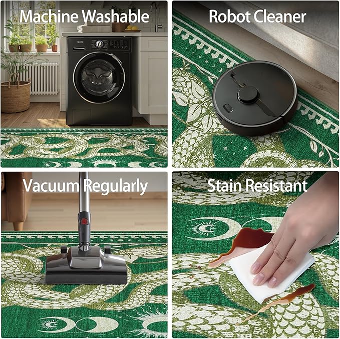 DCX Washable 3x5 Snake Rug, Green Gothic Rug for Living Room, Soft Low Pile Carpet, Kid & Pet Friendly with Rubber Back Non Slip, Stain Resistant Rug for Bedroom Dining Room Office